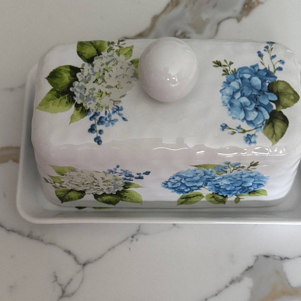 T.J.Maxx Floral Butter Dish with Blue and Green Accents